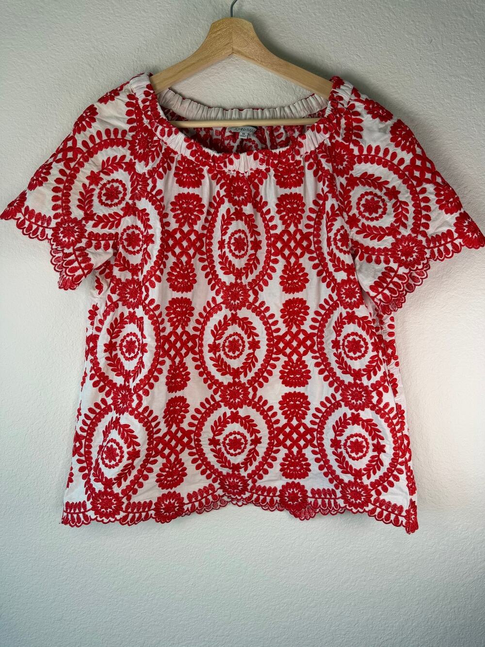 John Mark Red White Embroidered Peasant Blouse Boho Medallion Top Sz MD - Picture 1 of 7